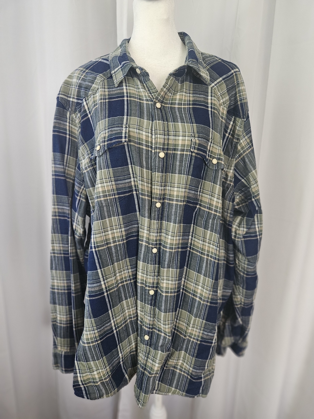 Lucky Brand Men's Navy and Olive Plaid Button-Down Shirt Size XXL